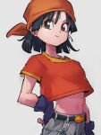  1girl bandana belt black_belt black_eyes black_hair closed_mouth denim dragon_ball dragon_ball_gt fingerless_gloves gloves grey_background grey_pants hand_on_hip jeans kemachiku looking_at_viewer midriff navel orange_bandana pan_(dragon_ball) pants short_hair simple_background smile solo stomach 