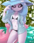  bikini blush clothed clothing female hatterene hi_res humanoid jacket looking_at_viewer nintendo open_clothing open_jacket open_topwear pok&eacute;mon pok&eacute;mon_(species) rilex_lenov solo swimwear topwear video_games water 