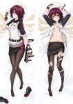  1girl arknights arms_up asymmetrical_gloves bangs bed_sheet black_gloves black_legwear black_skirt black_sleeves breasts cleavage closed_mouth clothes_lift dakimakura_(medium) dog_tags exusiai_(arknights) fingerless_gloves from_above gloves gun hair_between_eyes hair_over_one_eye holding holding_gun holding_weapon jacket long_sleeves looking_at_viewer lying midriff miniskirt moeanime navel no_bra on_back open_clothes open_jacket orange_eyes pantyhose parted_lips pencil_skirt red_hair red_ribbon ribbon shiny shiny_hair short_hair single_glove skirt skirt_lift sleeveless sleeveless_jacket small_breasts smile solo standing stomach torn_clothes torn_legwear trigger_discipline weapon white_jacket 