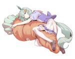  1girl animal_ears bangs brown_footwear carrot_pillow closed_mouth green_eyes green_hair highres horse_ears horse_girl horse_tail loafers long_sleeves looking_at_viewer mia_(39565899) object_hug one_eye_closed pillow pillow_hug puffy_long_sleeves puffy_sleeves purple_shirt school_uniform seiun_sky_(umamusume) shirt shoes simple_background solo tail thighhighs tracen_school_uniform umamusume white_background white_legwear white_shirt 