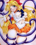  1girl absurdres aino_minako bishoujo_senshi_sailor_moon blonde_hair blue_bow blue_eyes blush bow breasts breasts_out earrings elbow_gloves gloves hair_bow highres hmdark-9 jewelry long_hair navel nipples no_bra no_panties one_eye_closed open_mouth pussy red_bow sailor_venus school_uniform serafuku solo tentacles torn_clothes traditional_media very_long_hair white_gloves 