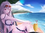  1girl ahoge arknights arm_support bangs bare_shoulders beach beach_umbrella blue_sky blush breasts closed_mouth crazy_straw cup day drink drinking_glass drinking_straw eyewear_on_head grey_hair hand_on_own_knee heart_straw highres knees_up large_breasts leaning_back long_hair looking_back navel ocean official_alternate_costume orca_hair_ornament outdoors red-tinted_eyewear red_hair sitting skadi_(arknights) skadi_(waverider)_(arknights) sky solo sunglasses table thigh_strap tinted_eyewear umbrella very_long_hair water yoshi-j 