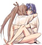  2girls ahoge arms_around_neck arms_around_waist bangs bare_legs barefoot blue_eyes blue_hair bottomless brmameng brown_hair face-to-face feather_hair_ornament feathers hair_intakes hair_ornament highres hololive hololive_english hug leg_lock long_hair multicolored_hair multiple_girls nanashi_mumei ouro_kronii oversized_clothes ponytail pursed_lips shirt short_hair sidelocks streaked_hair very_long_hair virtual_youtuber white_shirt yuri 