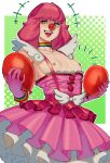  1girl absurdres ace_attorney balloon barley_juice breasts breasts_out clown clown_nose collar collarbone dress geiru_toneido highres looking_at_viewer multicolored_clothes nipples open_mouth phoenix_wright:_ace_attorney_-_spirit_of_justice pink_dress pink_hair short_hair small_breasts smile solo spoilers suspenders 