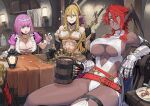  3girls armor bare_shoulders belt bikini_armor blonde_hair blue_hair breasts chair clawed_gauntlets cleavage clothing_cutout coin commentary commission covered_nipples dark-skinned_female dark_skin elf english_commentary food gauntlets gloves hair_between_eyes hair_ribbon hairband head_wings highleg highleg_leotard highres holding holding_sword holding_weapon indoors jewelry jun_(seojh1029) lantern large_breasts leotard lock long_hair long_pointy_ears making-of_available medium_hair multiple_girls muscular muscular_female necklace original plate pointy_ears ponytail puffy_short_sleeves puffy_sleeves red_hair ribbon sheath sheathed short_sleeves single_thighhigh sitting skeb_commission sparkle sword table tablecloth tankard tavern thighhighs underboob underboob_cutout wall_lamp weapon 