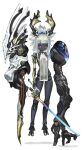  1girl absurdres akefumi asymmetrical_arms black_skin cable colored_skin commentary_request doll_joints full_body highres holding holding_sword holding_weapon hooves horns joints looking_at_viewer original red_eyes see-through solo sword weapon white_background white_hair 