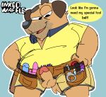  anthro bluey_(series) brown_body brown_fur canid canine canis clothing construction_worker cuff_(restraint) domestic_dog fur genitals handcuffs humanoid_genitalia humanoid_penis inked-waffle male mammal mature_male metal_cuffs overweight overweight_male penis restraints sex_toy signature simple_background simple_coloring solo sparky_(bluey) stubble tool_belt yellow_clothing 