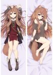  1girl animal_ears arms_up bangs bare_legs barefoot bed_sheet blush breasts brown_hair closed_mouth collarbone cuffs dakimakura_(medium) dress female_child from_above full_body grey_footwear hair_between_eyes handcuffs layered_sleeves long_hair long_sleeves looking_at_viewer lying moeanime on_back raccoon_ears raccoon_girl raphtalia red_eyes shiny shiny_hair short_dress short_over_long_sleeves short_sleeves small_breasts smile solo split_screen tate_no_yuusha_no_nariagari very_long_hair 