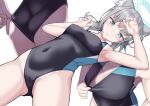  1girl adjusting_clothes adjusting_swimsuit animal_ear_fluff animal_ears armpits arms_up ass ass_visible_through_thighs bangs black_swimsuit blue_archive blue_eyes blush breasts bright_pupils collarbone competition_swimsuit covered_navel downblouse grey_hair halo hand_up highres ichio long_hair looking_at_viewer medium_breasts mismatched_pupils multiple_views one-piece_swimsuit parted_lips shiroko_(blue_archive) simple_background swimsuit white_background wolf_ears 
