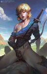  2boys androgynous blonde_hair blue_tunic bottomless bow_(weapon) closed_eyes cowgirl_position cum ejaculation link lips male_focus masturbation multiple_boys nipples off_shoulder outdoors penis pointy_ears realistic sabu_(sabudenego) sex sheath sheathed solo straddling sword the_legend_of_zelda the_legend_of_zelda:_breath_of_the_wild uncensored weapon yaoi 