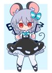  1girl animal_ears bangs black_footwear black_skirt blue_bow blue_bowtie bow bowtie dowsing_rod grey_hair highres long_sleeves mouse_ears mouse_girl mouse_tail nazrin op_na_yarou red_eyes shirt short_hair skirt solo suspender_skirt suspenders tail touhou white_legwear white_shirt 