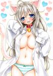  1girl :p absurdres ahoge animal_ears bell blue_eyes bow bow_panties breasts cat_ears cat_tail choker cleavage collar grey_hair heart highres hmdark-9 jingle_bell long_hair looking_at_viewer naked_shirt navel no_bra original panties paw_pose shirt sleeves_past_wrists solo striped striped_panties tail tongue tongue_out traditional_media underwear very_long_hair white_shirt 
