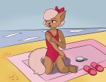  beach black_nose blush brokenbone clothing comic domestic_cat felid feline felis female fluffy fluffy_tail fur mammal metro-goldwyn-mayer pink_clothing pink_ribbon pink_swimwear sand seaside swimwear tan_body tan_fur tom_and_jerry 