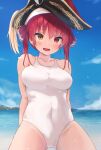  1girl amayo_(amayo000) bangs beach blue_sky blush breasts cloud covered_navel cowboy_shot eyebrows_behind_hair hair_ribbon hat heterochromia highres hololive houshou_marine large_breasts looking_at_viewer medium_hair one-piece_swimsuit open_mouth outdoors pirate_hat red_eyes red_hair red_ribbon ribbon sky solo swimsuit thighs twintails virtual_youtuber white_swimsuit yellow_eyes 