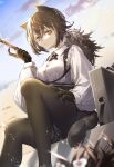  1girl absurdres animal_ears animal_hands arknights black_legwear black_necktie blue_sky breasts briefcase brown_hair cloud cloudy_sky collared_shirt cross_tie deep_skin evening feet_out_of_frame geta_(epicure_no12) grey_hair hair_between_eyes highres holding holding_knife knife long_hair looking_at_viewer multicolored_hair necktie no_freckles outdoors pantyhose ponytail raccoon_ears raccoon_girl raccoon_tail robin_(arknights) shirt sitting sky small_breasts solo streaked_hair tail white_shirt yellow_eyes 
