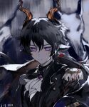  1boy animal_ears arknights ascot ayu_(e975364474) bangs black_hair black_jacket brooch commentary_request ebenholz_(arknights) goat_ears goat_horns hair_between_eyes highres horns jacket jewelry male_focus purple_eyes short_hair solo upper_body white_ascot 