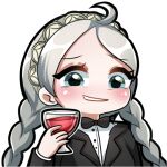  ahoge alcohol bangs braid breasts buttons commission commissioner_upload cup deliichan5 drinking_glass emoji fire_emblem fire_emblem_fates grey_hair hairband holding holding_cup lowres nina_(fire_emblem) non-web_source open_mouth teeth tuxedo twin_braids upper_teeth white_hairband wine wine_glass 