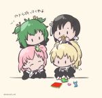  4girls ^_^ ahoge andou_tazusa antenna_hair arms_behind_head arms_up assault_lily behind_another black_hair black_ribbon blonde_hair buttons cat chibi closed_eyes clover_hair_ornament cropped_jacket dog elbows_on_table flower four-leaf_clover_hair_ornament green_hair hair_flower hair_ornament hair_ribbon hair_scrunchie hands_on_own_face hands_up head_rest highres hitotsuyanagi_riri holding juliet_sleeves kabayaki_(kabayaki_eel) long_sleeves looking_at_another looking_at_object motion_lines multiple_girls neck_ribbon no_mouth notice_lines one_side_up origami paper pink_hair puffy_sleeves purple_ribbon ribbon school_uniform scrunchie shirt short_hair simple_background solid_oval_eyes tassel_hair_ornament translated twitter_username wang_yujia white_flower white_scrunchie white_shirt wristband yellow_background yellow_ribbon yoshimura_thi_mai yurigaoka_girls_academy_school_uniform 