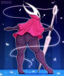  anthro arthropod black_body blue_pussy bnbigus cloak clothing exoskeleton female genitals hi_res holding_object holding_sword holding_weapon hollow_knight hornet_(hollow_knight) mask melee_weapon mostly_nude nipples pussy solo standing sword team_cherry video_games weapon 