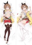  1girl :d asymmetrical_gloves atelier_(series) atelier_ryza bed_sheet black_bow bow breasts brown_eyes brown_gloves brown_hair cleavage closed_mouth dakimakura_(medium) full_body gloves hair_bow hair_ornament hairclip hat jacket jewelry looking_at_viewer lying medium_breasts midriff moeanime necklace on_back open_clothes open_jacket open_mouth red_shorts reisalin_stout shiny shiny_hair shirt short_hair short_shorts shorts sidelocks single_glove sleeveless sleeveless_shirt smile solo spaghetti_strap star_(symbol) star_necklace stomach thigh_gap thighhighs white_headwear white_legwear white_shirt yellow_jacket 