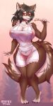  2022 anthro apron apron_only areola areola_slip big_breasts biped black_hair breasts canid canine claws cleavage clothed clothing colored complextree curvaceous curvy_figure digital_media_(artwork) female fingers front_view full-length_portrait fur hair hi_res holding_object inner_ear_fluff looking_at_viewer mammal mostly_nude multicolored_body multicolored_fur nipple_outline partially_clothed portrait red_eyes shaded small_waist solo standing text thick_thighs toe_claws tuft two_tone_body two_tone_fur voluptuous wide_hips 