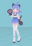  1girl 3d ahoge animal_ears animal_hands aqua_background bangs bell black_gloves black_neckerchief blue_hair blue_sailor_collar blue_skirt blunt_bangs cat_ears cat_girl cat_paws cat_tail daizu_(melon-lemon) fake_animal_ears full_body gloves hair_ornament hand_up jaggy_lines jingle_bell knees_together_feet_apart looking_at_viewer medium_hair miniskirt neck_bell neckerchief no_nose open_mouth original paw_gloves pleated_skirt purple_eyes sailor_collar sailor_shirt school_uniform serafuku shirt shoes simple_background skirt sleeveless sleeveless_shirt solo standing star_(symbol) star_hair_ornament tail thighhighs two_side_up uwabaki waving white_footwear white_legwear white_shirt zettai_ryouiki 