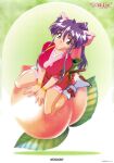  1990s_(style) 1girl bangs breasts company_name dancing_blade food fruit full_body high_ponytail japanese_clothes large_breasts logo long_hair momohime_(dancing_blade) non-web_source official_art peach purple_eyes purple_hair retro_artstyle sitting smile solo tabi wariza wristband 
