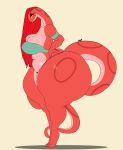  2022 absurd_res anthro big_butt biped breasts butt clothing digital_media_(artwork) elyssa_(trinity-fate62) fangs female hair hands_on_hips hi_res huge_butt hyper hyper_butt long_neck milf_chan non-mammal_breasts red_hair reptile scalie simple_background snake solo standing thick_thighs topwear wide_hips 