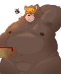  2022 anthro belly big_belly blush bodily_fluids box brown_body container dragon_night800 genitals hi_res kemono male mammal moobs nipples obese obese_male overweight overweight_male penis simple_background solo tears tired ursid white_background 