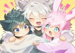  3boys animal_ears black_hair blue_eyes blush cat_boy cat_ears closed_eyes hug kodomo_no_hi male_focus multiple_boys nanaura_narina original pink_hair polka_dot polka_dot_background rabbit_boy rabbit_ears short_hair white_background wolf_boy wolf_ears yellow_background 