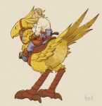  animal belt blonde_hair boots brown_gloves chocobo final_fantasy final_fantasy_tactics full_body gloves highres holster overalls reins riding saddle shirt simple_background standing white_shirt windcaller 