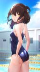  1girl absurdres ass bangs bare_arms blue_sky blue_swimsuit blurry blush breasts brown_hair building cloud cloudy_sky commentary_request competition_school_swimsuit cowboy_shot depth_of_field from_side hair_between_eyes highres looking_at_viewer medium_hair one-piece_swimsuit original parted_lips pool school_swimsuit short_ponytail sidelocks skindentation sky small_breasts solo swimsuit thighs two_side_up vegetablenabe water wet yellow_eyes 