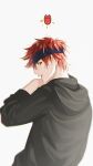  1boy black_hoodie blue_headband dhfz181 headband highres hood hoodie kyan_reki long_sleeves looking_at_viewer looking_back male_focus open_mouth orange_eyes red_hair short_hair simple_background sk8_the_infinity wet 