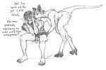  anthro big_breasts bodily_fluids breasts comictf cum duo english_text female genetic_engineering genital_fluids genitals human kangaroo licking macropod male mammal marsupial monochrome panicking penis pussy_juice sketch text tongue tongue_out 