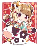  1girl 2021 bangs bell blonde_hair blush bow braid brown_eyes brown_hair chibi chinese_knot chinese_zodiac cow double_bun english_text floral_print hair_bow hair_bun hair_ornament hairclip hand_up happy_new_year horns japanese_clothes kimono koguma105 lace_trim long_hair long_sleeves looking_at_viewer multicolored_hair neck_bell new_year obi on_animal original rope sash sidesaddle sitting smile solo tail tail_bow tail_ornament twin_braids two-tone_hair wide_sleeves year_of_the_ox 
