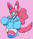  absurd_res anthro big_breasts blue_eyes bow_(disambiguation) breasts cake_(sleepyslut) clothing eeveelution fan_character female fur hi_res hoodie legwear long_sleeves nintendo open_mouth pink_background pink_body pink_bow pink_fur pok&eacute;mon pok&eacute;mon_(species) simple_background sleepyslut solo sparkles stockings sylveon thick_thighs topwear video_games white_body white_fur wide_hips 