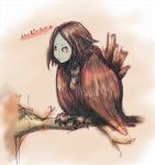  1girl :/ aqua_skin bangs bird_legs bird_tail bird_wings branch brown_hair brown_tail brown_wings closed_mouth dragon&#039;s_dogma feathered_wings full_body harpy human_head mineta_naoki monster_girl no_eyebrows no_pupils parted_bangs short_hair solo tail talons white_eyes wings 