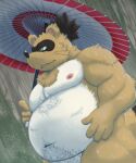  2022 anthro belly big_belly black_nose brown_body brown_fur canid canine detailed_background fur green_eyes hi_res kemono male mammal moobs navel nipples outside overweight overweight_male plant raccoon_dog raining rockmai3 sengoku_puzzle solo tanuki tokugawa_ieyasu tree umbrella video_games white_body white_fur 