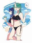  2girls arknights bangs bikini black_bikini blue_shorts bracelet breasts ch&#039;en_(arknights) cleavage closed_eyes cup disposable_cup english_text female_tourist_c_(arknights) green_hair groin hand_up haobuguniao heart highres holding holding_cup horns hoshiguma_(arknights) jewelry long_hair looking_at_viewer medium_breasts multiple_girls musical_note navel open_mouth shorts single_horn smile speech_bubble swimsuit walking yellow_eyes 