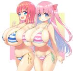  2girls bangs bikini blue_bikini blue_eyes blush breasts copyright_request hair_ornament hairclip highres huge_breasts long_hair looking_at_viewer medium_hair multiple_girls navel open_mouth pink_bikini pink_hair red_hair ribbon shuz_(dodidu) simple_background striped striped_bikini swimsuit twintails 