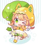  &gt;_o 1girl :3 :d animal_hood bangs blush boots cat_hood chibi dress frog green_eyes hand_up holding holding_leaf holding_umbrella hood koguma105 leaf leaf_umbrella long_sleeves looking_at_viewer one_eye_closed open_mouth orange_hair original outstretched_arm paw_print_soles polka_dot polka_dot_scrunchie rain rain_boots raincoat running scrunchie see-through see-through_dress shorts shorts_under_skirt smile solo standing standing_on_one_leg striped striped_background twintails umbrella 