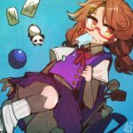  bag ball bow bowtie brown_hair covering covering_crotch food glasses hair_ornament hairpin loose_socks maaru_(akira428) one-hour_drawing_challenge open_bag panda popsicle purple_skirt purple_vest quimbaya_airplane school_bag school_uniform short_twintails skirt sweat touhou twintails usami_sumireko vest zener_card 