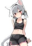  1girl absurdres animal_ear_fluff animal_ears arms_behind_back black_shorts black_sports_bra cat_ears cat_girl cat_tail gingerbullet grey_hair highres low_twintails midriff navel original red_eyes ribbon short_hair short_shorts shorts simple_background solo sports_bra tail twintails white_background 