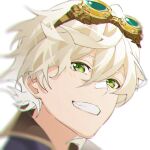  1boy bandaid bandaid_on_face bandaid_on_nose bennett_(genshin_impact) dhfz181 eyewear_on_head genshin_impact green_eyes grin looking_at_viewer male_focus short_hair smile white_hair 