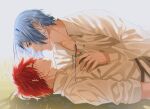  2boys blue_eyes blue_hair couple dhfz181 hasegawa_langa kyan_reki long_sleeves looking_at_another lying male_focus medium_hair multiple_boys red_hair shirt sk8_the_infinity smile white_shirt yaoi 