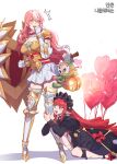  2girls armor armored_dress balloon dungeon_and_fighter enchantress_(dungeon_and_fighter) heart_balloon holding_leg kasy knight_(dungeon_and_fighter) lolita_fashion long_hair looking_down mage_(dungeon_and_fighter) multiple_girls pink_hair red_hair shield surprised white_background 