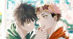  2boys black_hair blue_eyes cherry_blossoms dhfz181 eyewear_on_head fushiguro_megumi hand_on_another&#039;s_chin itadori_yuuji jujutsu_kaisen looking_at_another male_focus multiple_boys petals pink_hair spiked_hair star-shaped_eyewear yaoi yellow-framed_eyewear yellow_eyes 