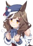  1girl :&gt; =3 absurdres animal_ears bangs bare_shoulders blush brown_hair buttons cabbie_hat center_frills clenched_hands clothing_cutout commentary frills hair_ornament hairclip hat highres horse_ears long_hair long_sleeves looking_at_viewer matikane_tannhauser_(umamusume) multicolored_hair shirt shoulder_cutout simple_background smile solo streaked_hair umamusume upper_body v-shaped_eyebrows white_background white_shirt yamabuki7979 yellow_eyes 
