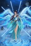  1girl absurdres bare_legs collared_dress doupo_cangqiong dress earrings falling_petals full_body high_heels highres jewelry long_sleeves multiple_swords night night_sky petals reverse_grip ripples second-party_source sky standing star_(sky) tassel tassel_earrings water yun_yun_(doupo_cangqiong) zhengban_qing_tuanzi 