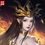  1girl absurdres bare_shoulders black_background brown_hair cai_lin_(doupo_cangqiong) doupo_cangqiong earrings embers face fire hair_ornament highres jewelry looking_at_viewer pointy_ears red_eyes smile taixu_gulong_zu_shouxi_lian_yao_shi upper_body 